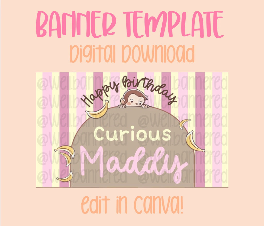 Digital download | Edit in Canva | Girly monkey birthday template