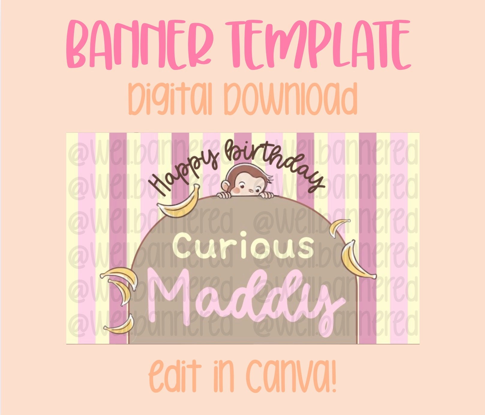 Digital download | Edit in Canva | Girly monkey birthday template