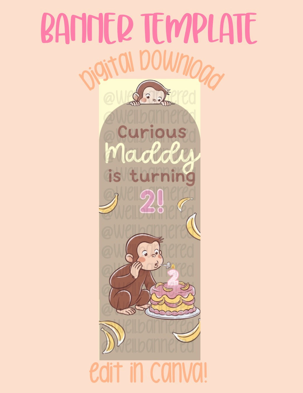 Digital download | Edit in Canva | Arched curious monkey birthday template