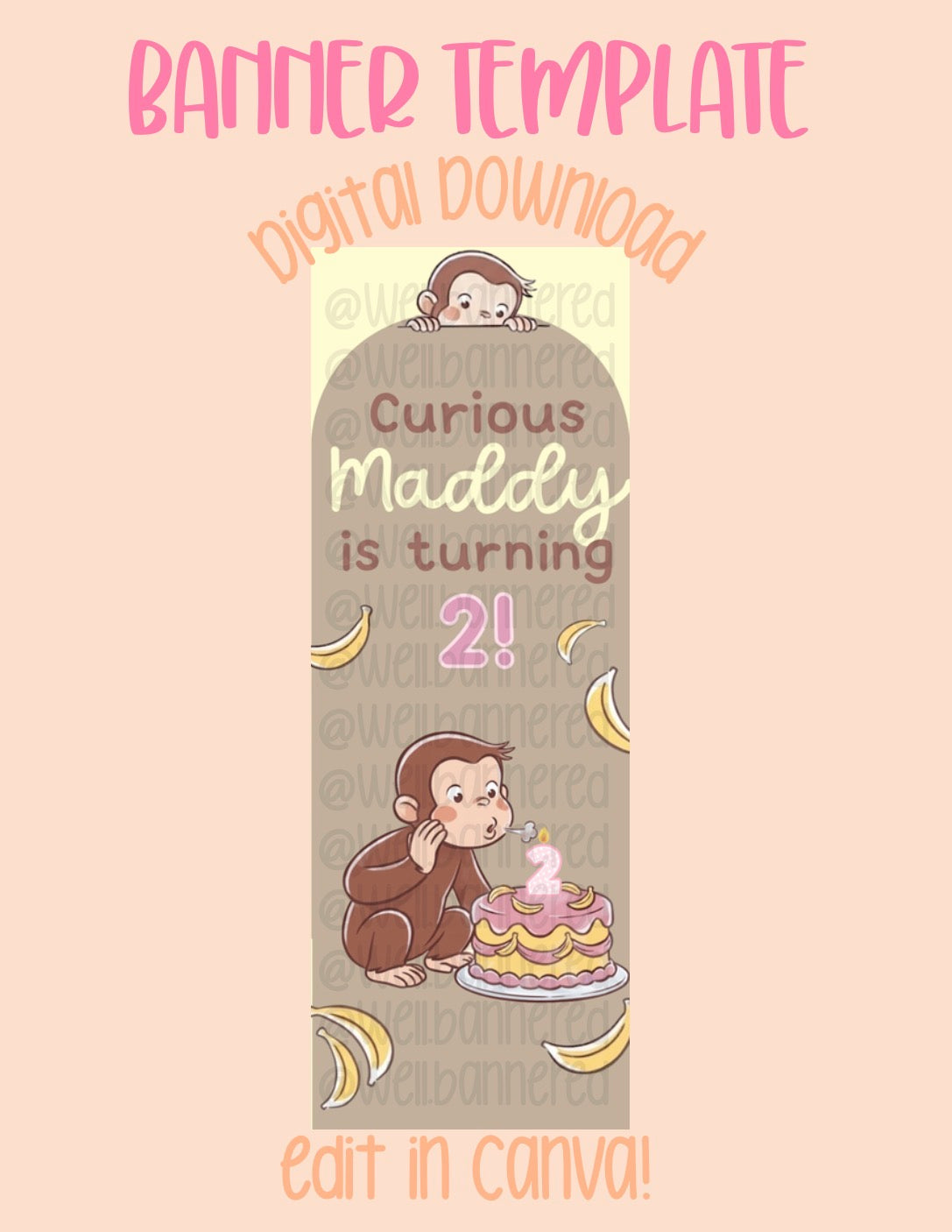 Digital download | Edit in Canva | Arched curious monkey birthday template