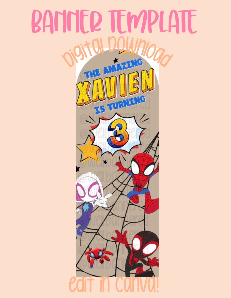 Digital download | Edit in Canva | Spider friends arched banner template