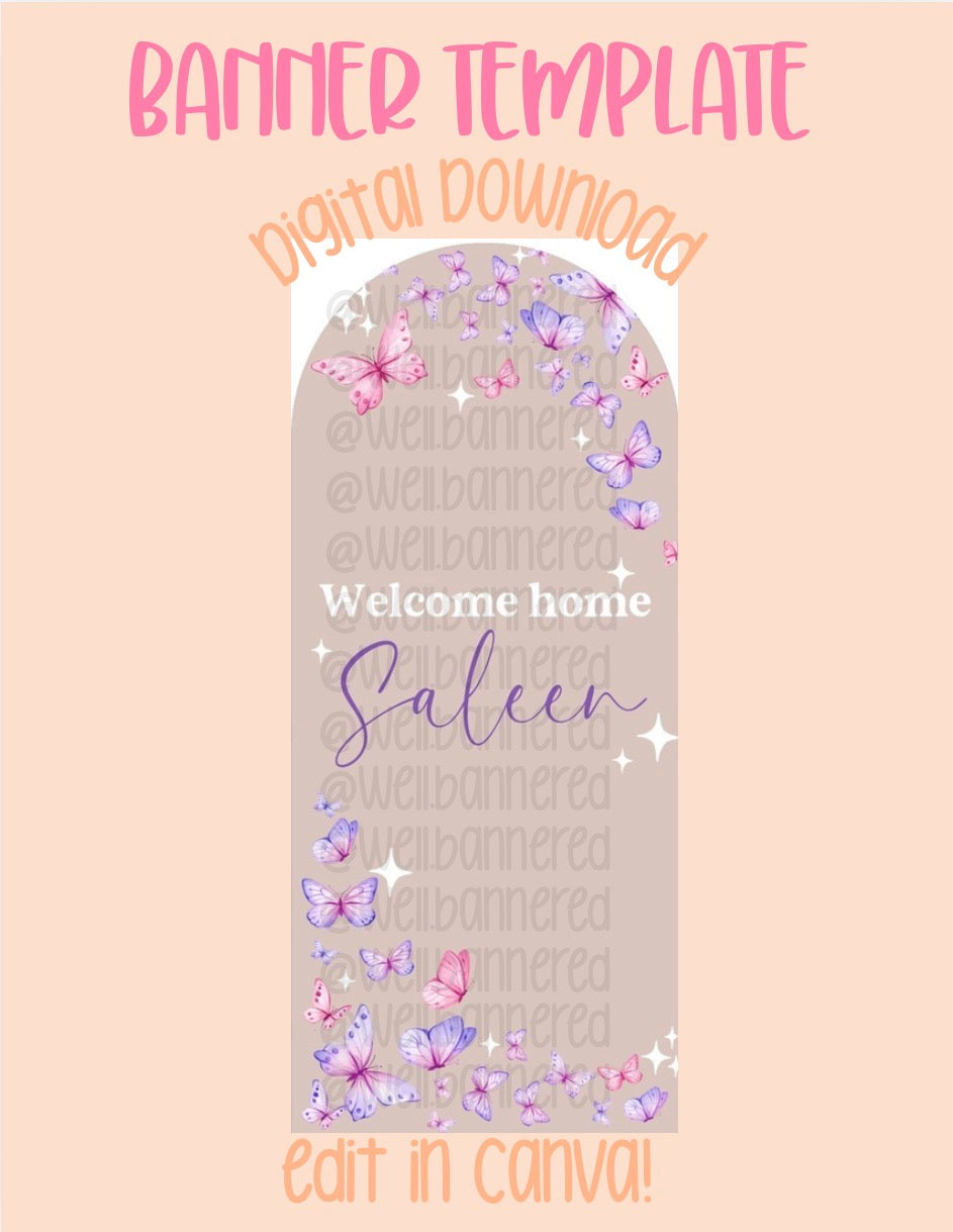 Digital download | Edit in Canva | Arched butterfly welcome baby template